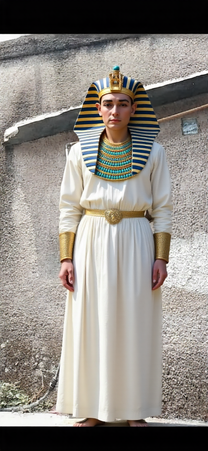Edit Image From Text - Replace the selected clothing with an ancient Egyptian Pharaoh outfit. Golden royal headdress with blue details, decorated collar with gemstones, long white linen robe, and golden accessories. Make it detailed, majestic, and historically inspired, fitting the body naturally.
