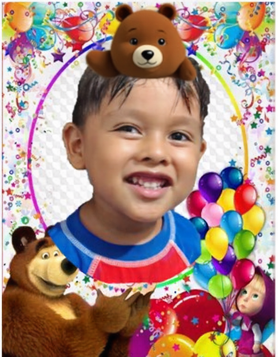 Edit Image From Text - adapta la foto al fondo de la imagen, que el oso quede arriba de la imagen del niño, tanto masha como los globos y el pastel