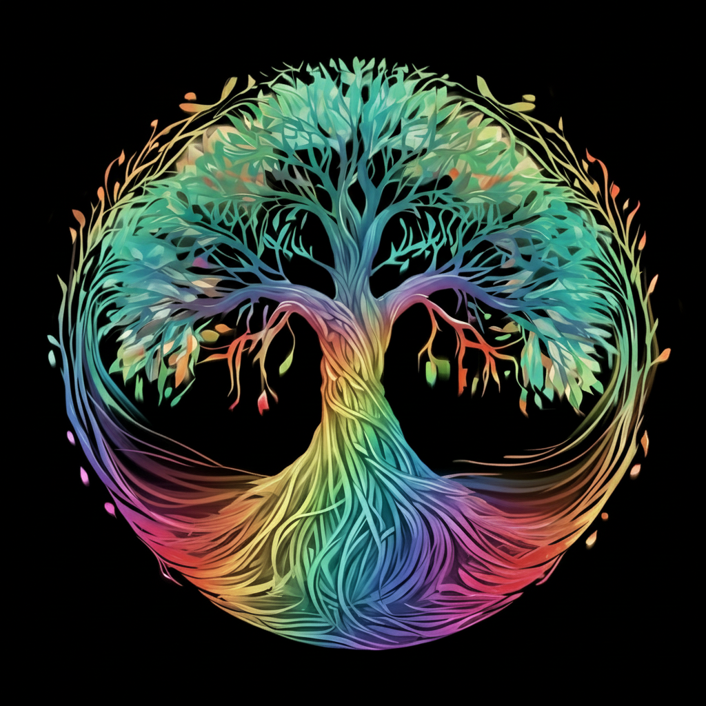 Edit Image From Text - make this in a rainbow streaming through the roots and branches

