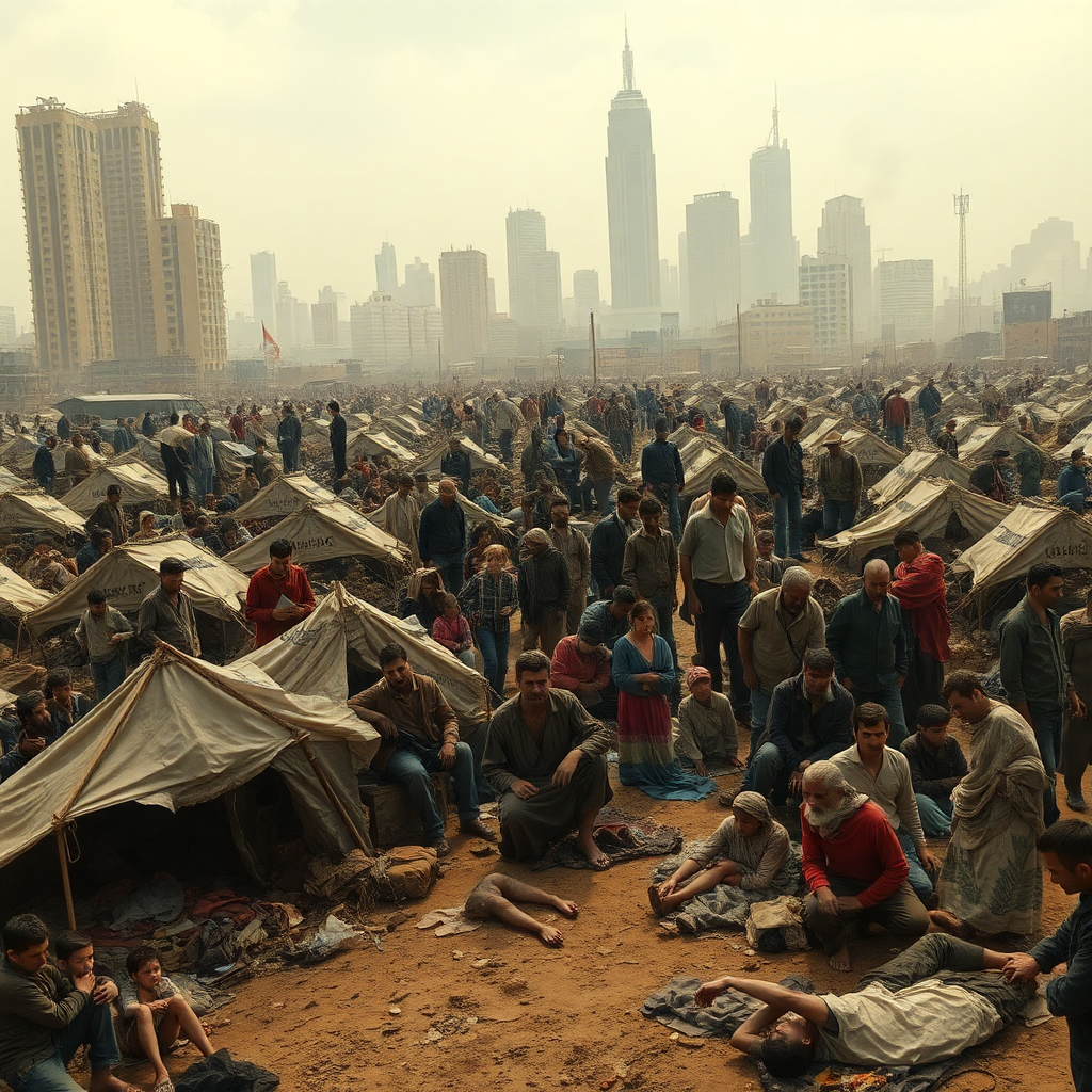 A desolate, post-apocalyptic landscape unfolds with a somber, greyish-brown color palette, as a massive influx of weary refugees flee from a devastated cityscape in the background, where crumbling skyscrapers stand as skeletal reminders of a once-thriving metropolis, now reduced to rubble-filled streets and smoke-filled skies, while in the foreground, a crowded, makeshift camp is set up, with rows of tattered, UNHCR-branded tents, and people of all ages, ethnicities, and abilities, clutching meager belongings, and exhibiting a range of emotions from despair to determination, with some sitting on the ground, exhausted, their faces etched with grief and fatigue, others queuing for food and water distribution, their eyes filled with a mixture of hope and desperation, and a few attempting to tend to the wounded, their hands moving with a sense of urgency and compassion, under a bleak, overcast sky, with the faint sounds of distant explosions, drones, and cries for help lingering in the air, as the world struggles to cope with the devastating aftermath of a third world war, and the entire scene is bathed in a faint, eerie light, as if the sun is hesitant to shine on a world that has been so utterly ravaged and destroyed.