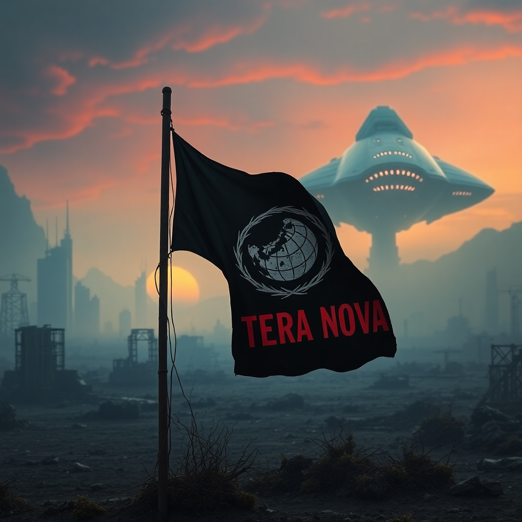 A tattered and mysterious flag stands alone in a desolate, post-apocalyptic landscape, the remnants of a once-blue sky now a haunting shade of crimson and ash, with the skeletal remains of skyscrapers and buildings in the distance, as a massive, otherworldly spaceship looms in the horizon, its hull etched with an eerie, pulsing glow, casting an ominous light on the flag, which bears an unfamiliar emblem: a stylized, silver insignia of a broken globe, surrounded by a circle of thorns, on a black background, with the words "Terra Nova" emblazoned in bold, red letters below, as if a desperate cry for a new beginning, amidst the ruins of human civilization, with the faint, ghostly silhouette of a cityscape in the background, overgrown with vines and moss, and the faint, flickering light of a dying sun setting behind the alien ship, casting long, ominous shadows across the barren, war-torn earth.