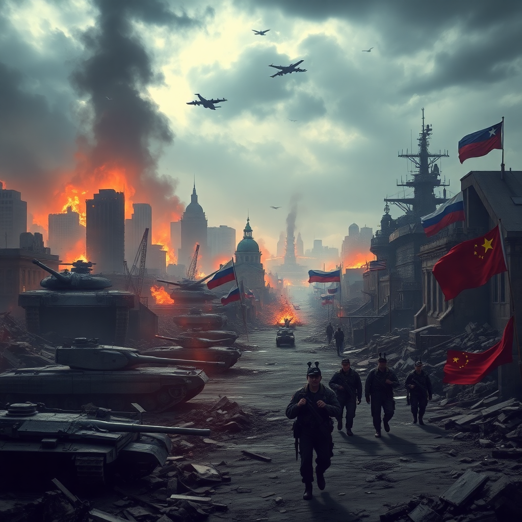 Generate an apocalyptic landscape of a global war between major world powers, with a massive, ruined cityscape in the foreground, set against a dark and ominous sky filled with the silhouettes of bombed-out skyscrapers and the glow of fires burning in the distance, with a fleet of destroyed NATO tanks and planes in the left foreground, while a contingent of Russian and Chinese soldiers, armed to the teeth and dressed in tattered uniforms, storm through the rubble-strewn streets, as a behemoth of a US naval ship lies crippled and smoldering in the background, with the tattered flags of the United States, Russia, China, and NATO strewn about, amidst the haunting, abandoned streets, where crumbling buildings stand as testaments to the devastation and chaos that has engulfed the world, and the sound of gunfire and explosions echoes through the desolate landscape, as the last remnants of humanity struggle to survive in a world torn apart by conflict and destruction.