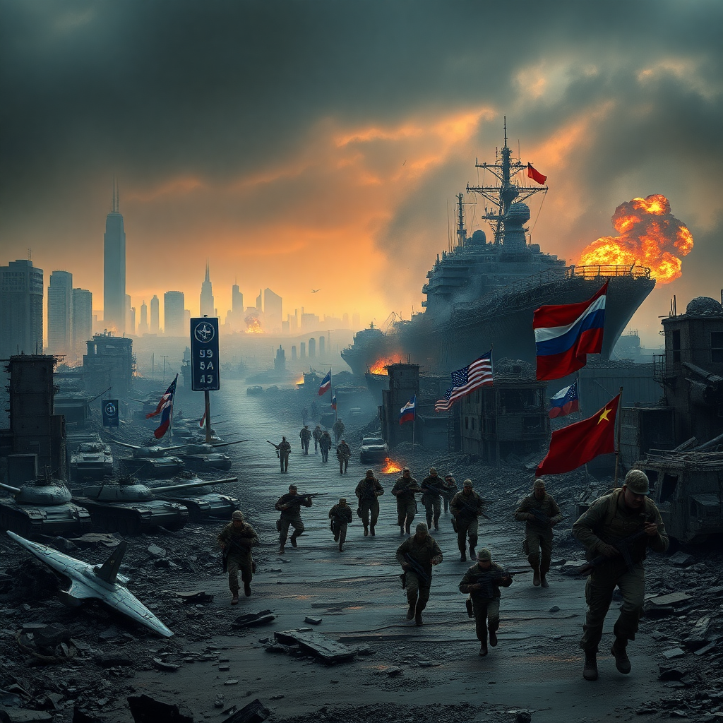 Generate an image of a devastated global war landscape, with a sprawling, ruined metropolis in the foreground, dominated by the haunting silhouettes of bombed-out skyscrapers against a dark, foreboding sky, illuminated by the faint, fiery glow of distant infernos and the flashes of artillery, as a decimated fleet of NATO tanks and planes lies abandoned and smoldering in the left foreground, while a contingent of Russian and Chinese soldiers, clad in tattered and worn uniforms, armed with an array of rifles, rocket-propelled grenades, and machetes, storm through the rubble-strewn streets, weaving past the wreckage of buildings and the twisted, burning hulks of cars, as a massive, crippled US flag naval ship, its superstructure shattered, its decks aflame, lies broken and still in the background, with the tattered, battle-worn flags of the United States, Russia, China, and NATO strewn about the deserted, war-torn streets, where crumbling, bombed-out buildings stand as stark, haunting testaments to the unmitigated devastation and chaos that has engulfed the world, and the remnants of humanity's last, desperate struggle to survive can be seen in the distance, as gunfire and explosions echo through the desolate, post-apocalyptic landscape, casting a bleak, ominous shadow over the ruins of civilization. the last flag standing is an unknown alien flag of survival