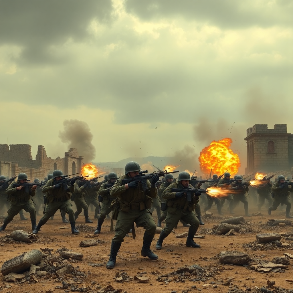 Generate an intensely dramatic and chaotic battlefield scene, set amidst a desolate, war-torn landscape with ruins of ancient buildings in the background, where a group of heavily armed soldiers, clad in tattered and worn military uniforms, are engaged in a fierce and brutal fight, with explosions and smoke filling the air, and the soldiers are scattered across the battlefield, some taking cover behind crumbling walls, while others are charging forward, guns blazing, amidst the sounds of gunfire and screams, with the sky above a deep, foreboding grey, and the ground littered with the debris of war, including shattered helmets, broken rifles, and discarded ammunition, as the soldiers fight for their lives, their faces etched with determination, fear, and exhaustion, in a desperate bid for survival and victory.
