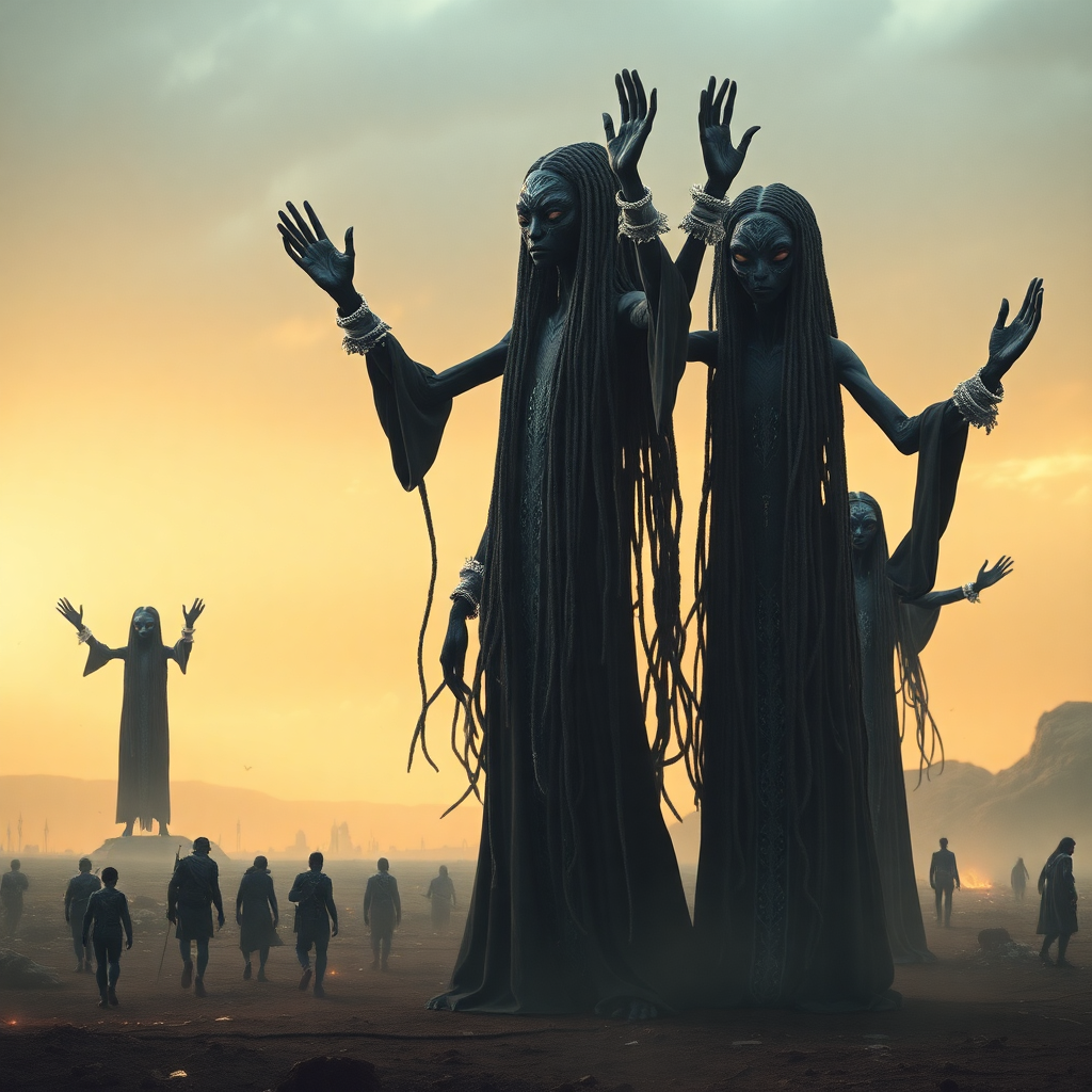 In a post-apocalyptic landscape, a group of towering, slender aliens with jet-black skin and intricate, knotted dreadlocks that stretch down to their waists, stand majestically as they descend upon the ravaged earth, their piercing, ethereal eyes gleaming with an otherworldly intelligence, dressed in flowing, dark robes with intricate, silver-thread embroidery that shimmer in the faint, flickering light of the war-torn world, as they raise their long, spindly arms, adorned with gleaming, silver cuffs, in a gesture of both command and benevolence, their dreadlocks swaying gently in the wind, like dark, living serpents, as they proclaim their message to the shattered remnants of humanity: "Let civility reign, for we are the guardians of a new era, and chaos will no longer be tolerated," their voices like low, melodious thunder, echoing across the desolate wasteland, as the surviving humans, dressed in tattered, weary clothing, look on in a mixture of awe, fear, and desperation, with crumbling, ruined cities and the twisted, smoldering wreckage of war machines stretching out to the horizon, a grim reminder of the devastation that has been wrought, and the dawn of a new era, under the wise, if firm, guidance of these dreadlocked, alien overlords.