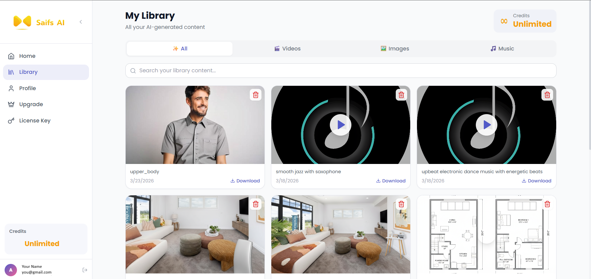 Saifs AI Library Dashboard — all your generated content in one place