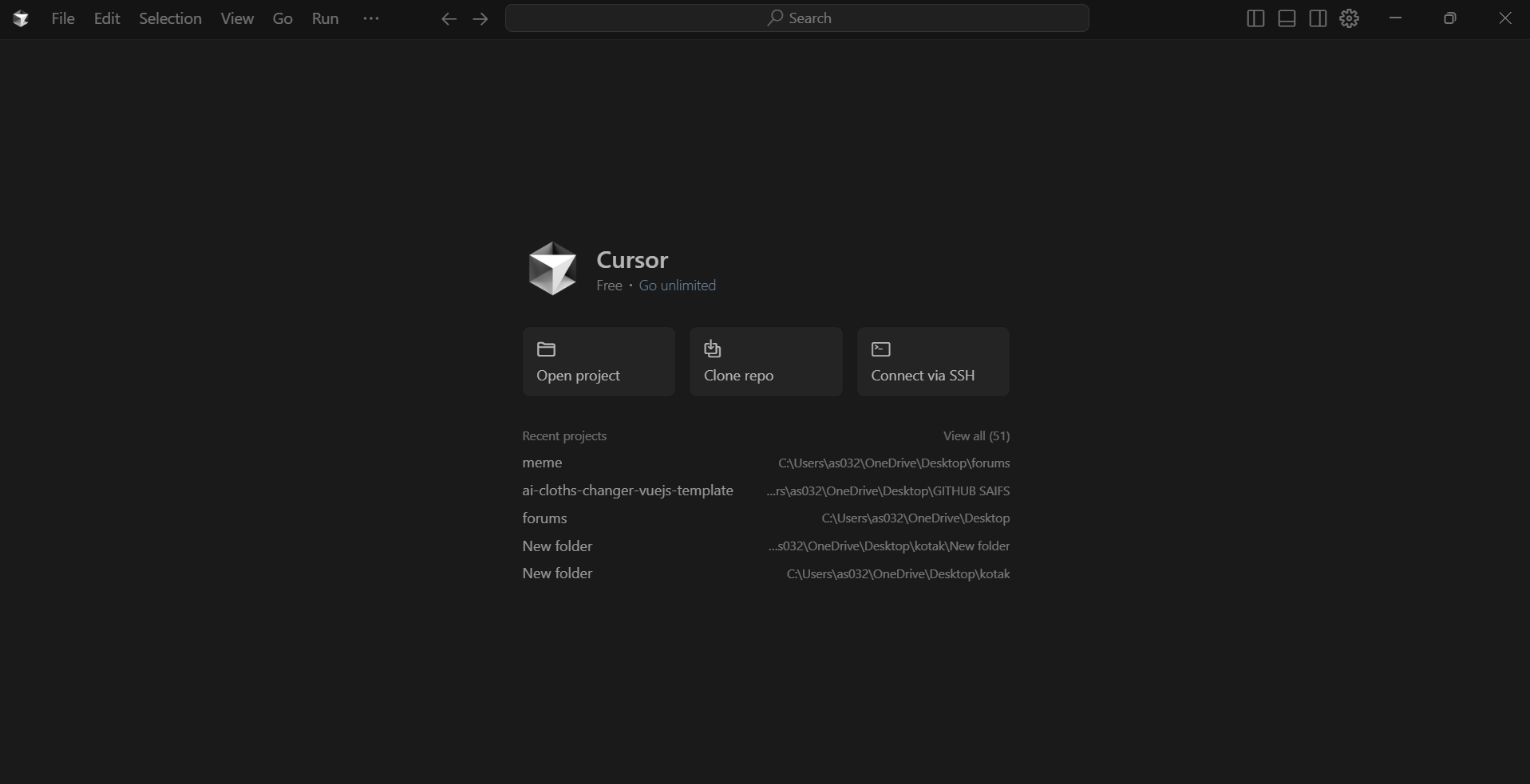 Cursor IDE Home Screen
